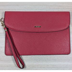 Red Wristlet Clutch Envelope Wallet Purse Textured Faux Leather Gold Tone